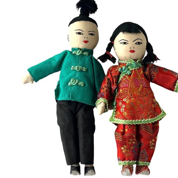 VTG Asian Japanese DOLLS 8" Embroidered Cloth Boy Girl Silk Kimono Top Pants - Picture 3 of 11